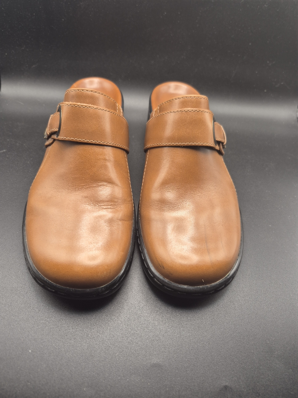 Clarks Women's Tan Leather Slip-On Clog with Buckle